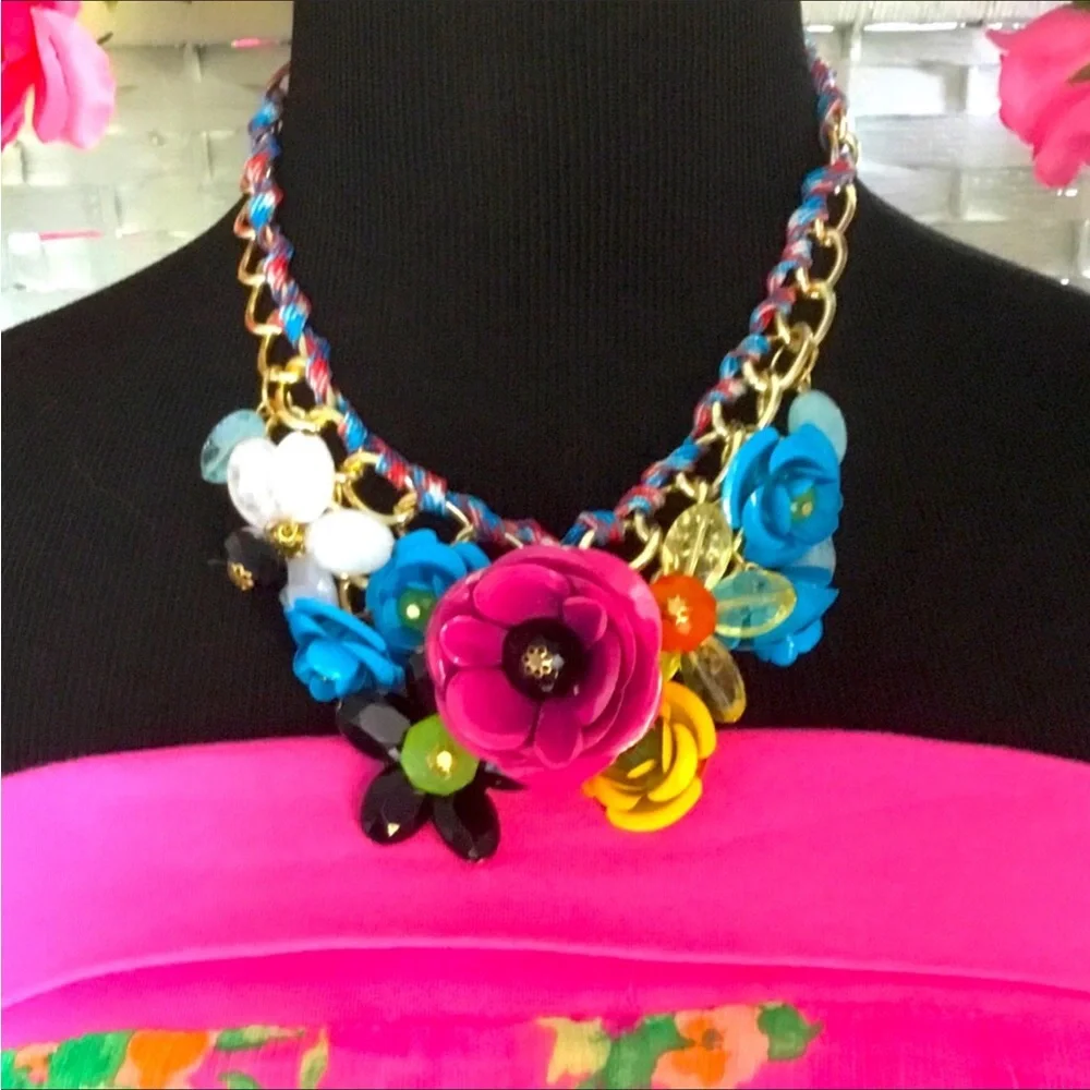💖See New Listing💖Multicolor Metal Floral Chunky Bib Statement Necklace Flower - Picture 1 of 5